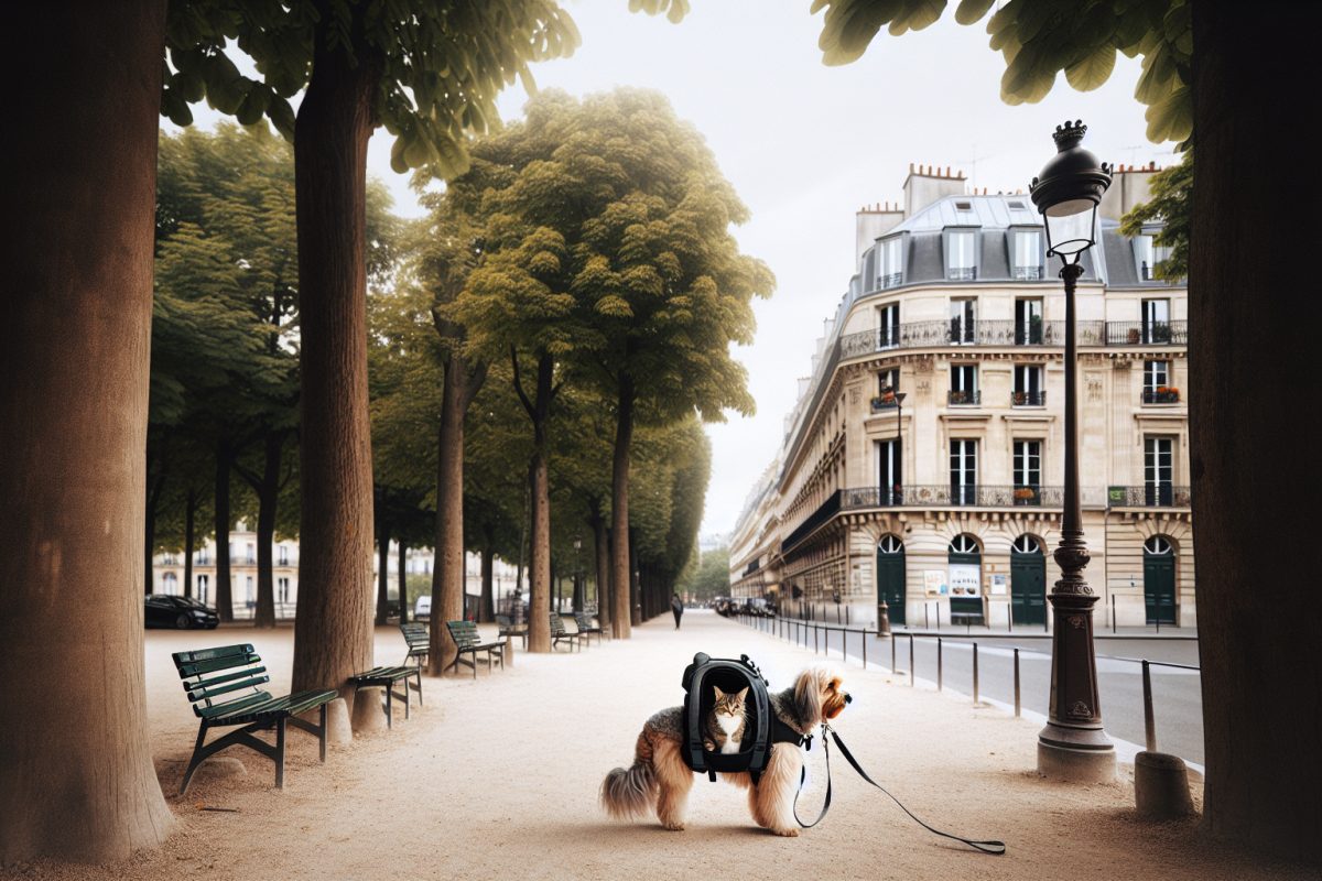 Chien en laisse et chat en sac dans un parc parisien