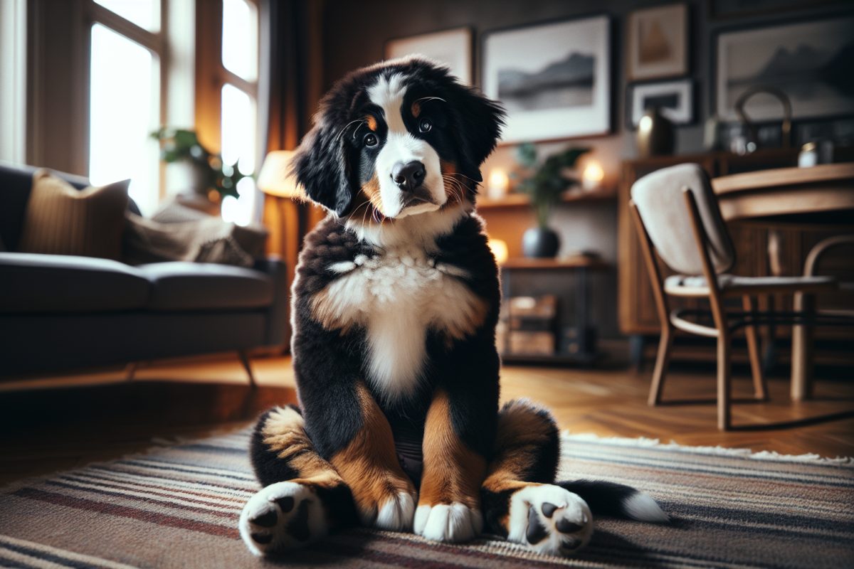 Chiot bouvier bernois assis de façon drôle sur un tapis