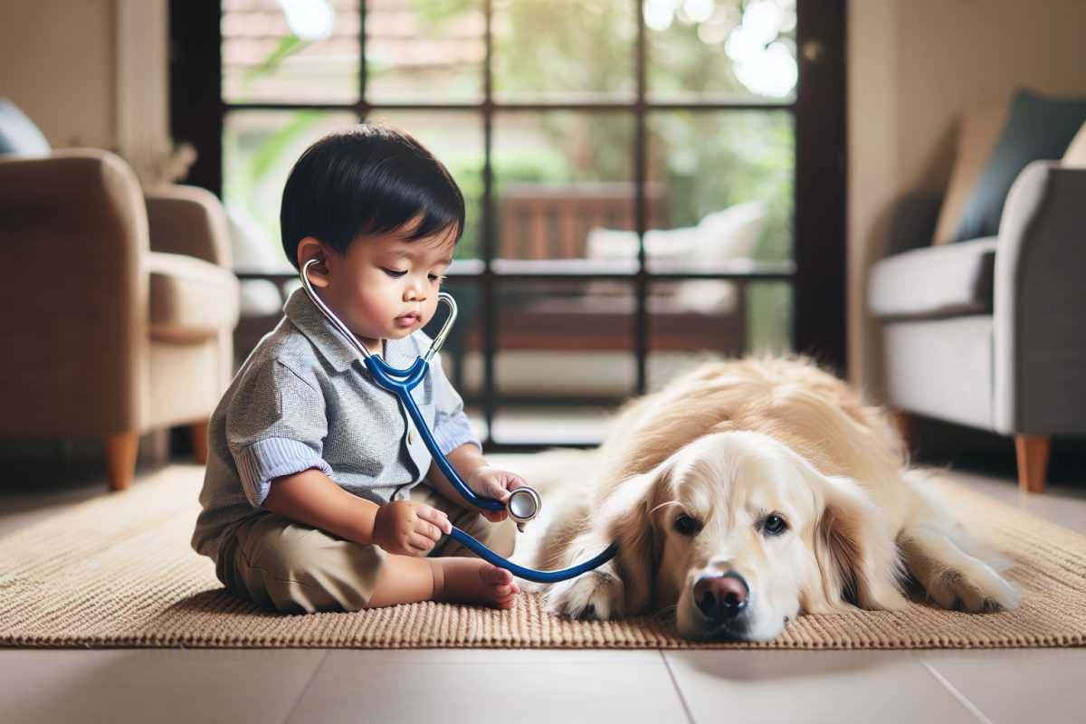 Fillette ausculte un Golden Retriever calme dans un salon