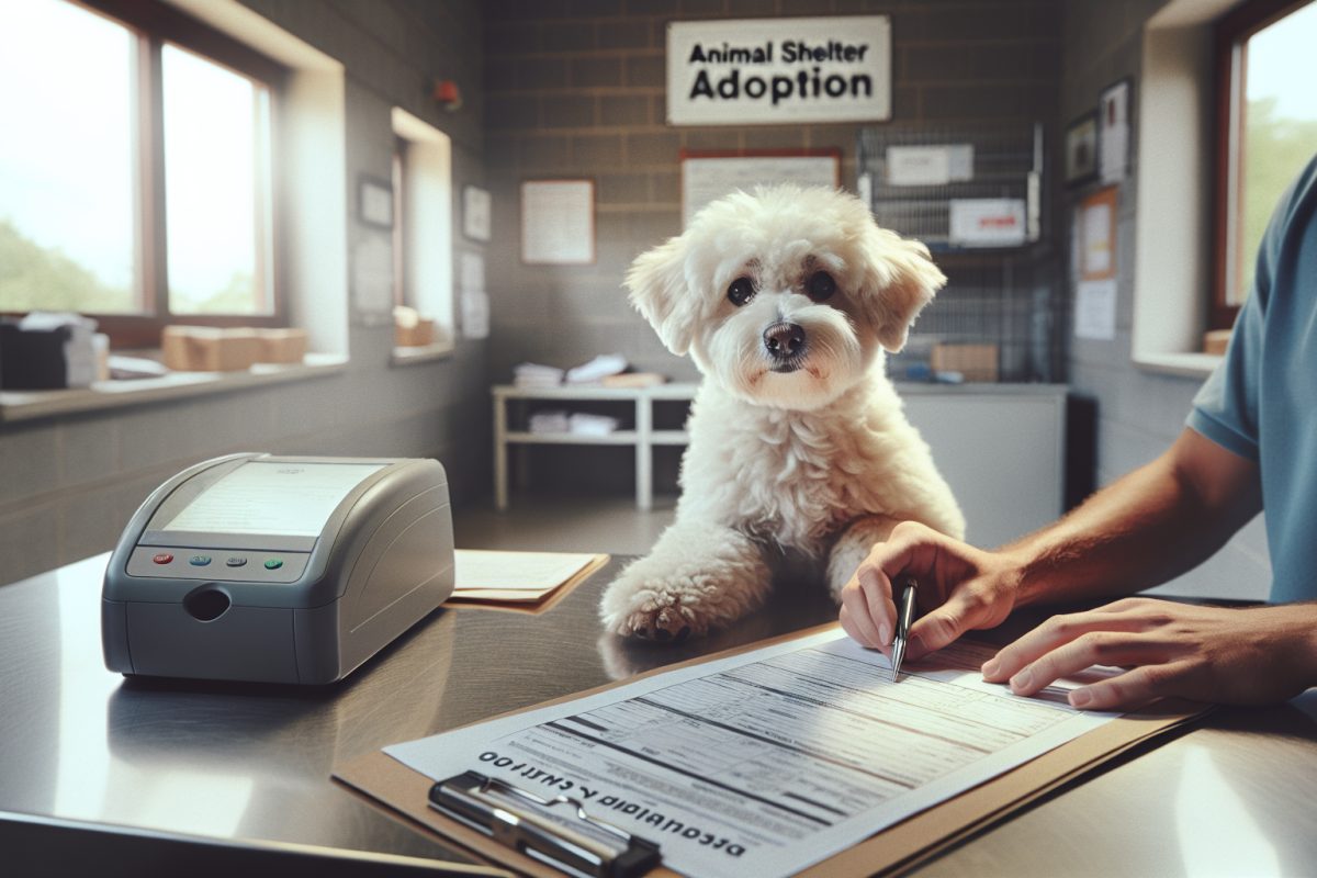 Petit chien blanc en refuge, dossier d’adoption sur une table